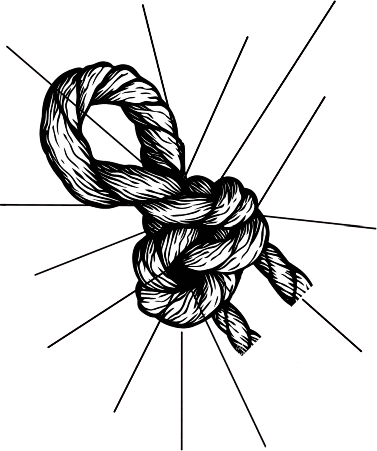 Hand-drawn rope tied in a tight knot, with lines radiating outward like a burst.