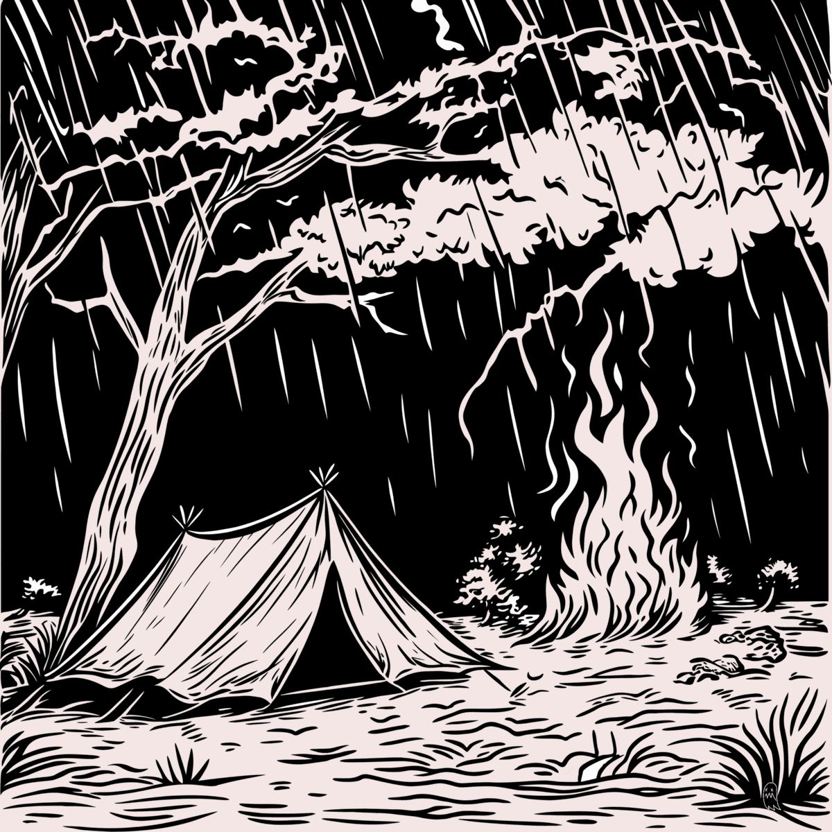 Woodcut-style illustration of a night storm: rain streaking down, a leaning tree, lightning, a tall fire, and a tent sheltering at the center.